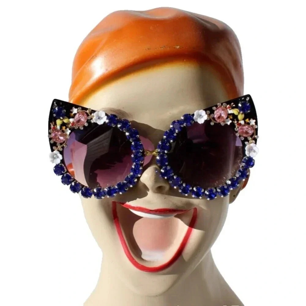 New Rhinestone Cat Eye Sunglasses Luxury Blue Black Flowers Bumble Bee Summer
